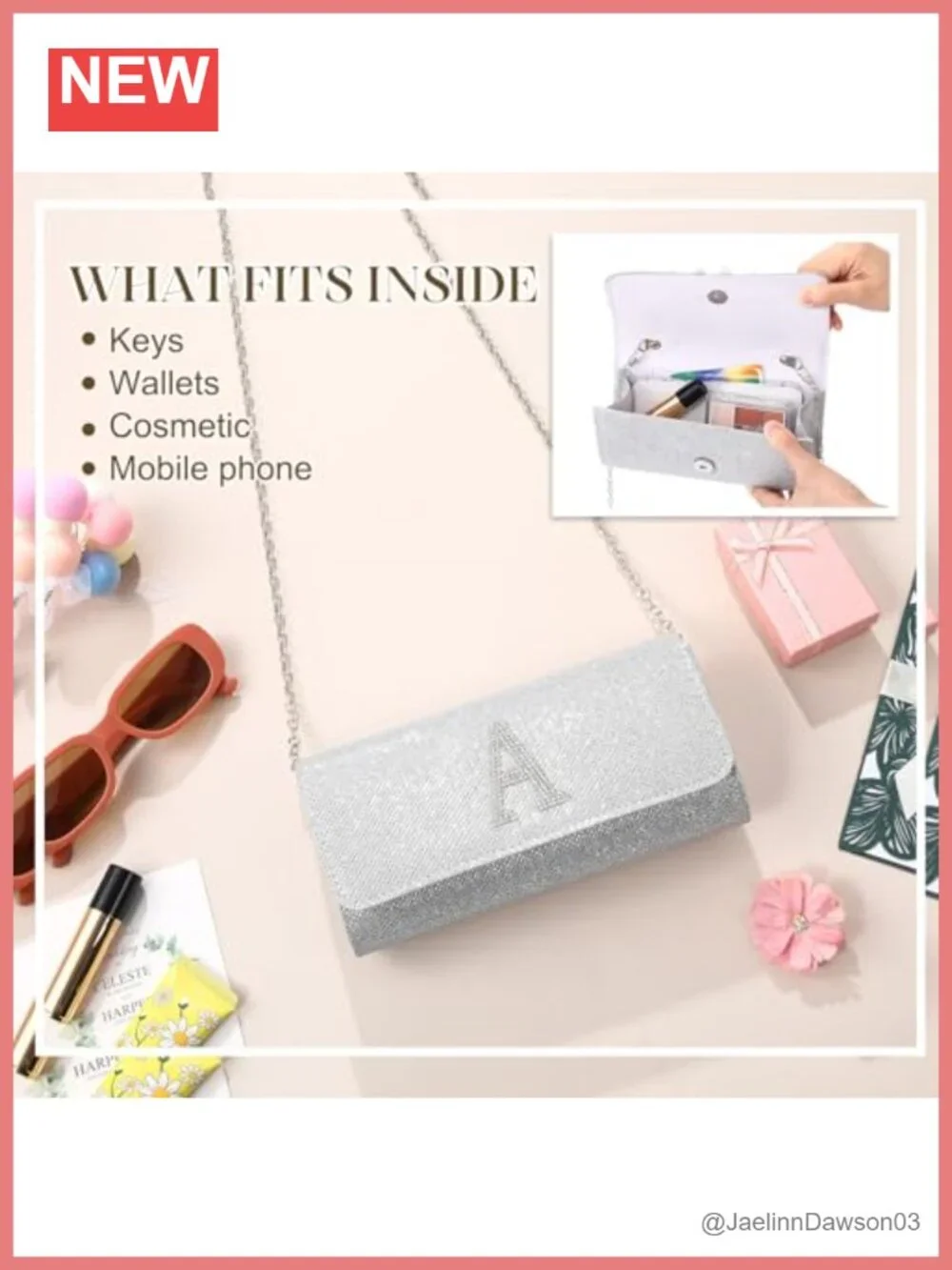 Personalized Women's Silver Glitter Clutch Purse with Chain Strap for Formal
